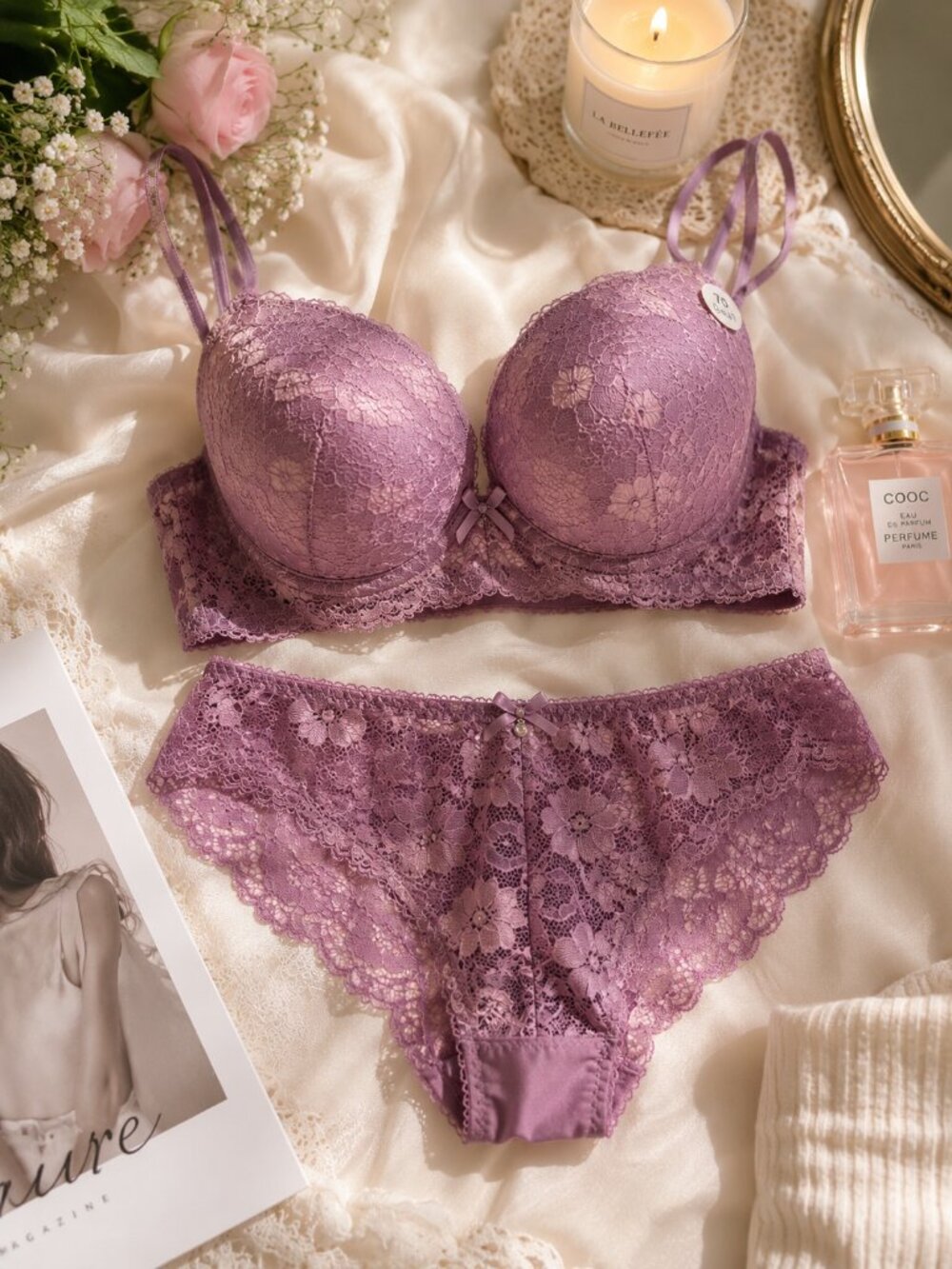Women Mauve Purple Lace Push Up 32A Bra Sz Small Panty Set Matching Lingerie New